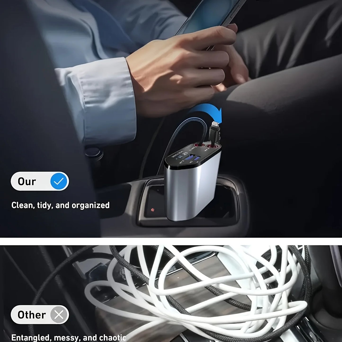 4-in-1 Retractable Fast Car Charger with 16 Ports and 120W USB Type-C Cable