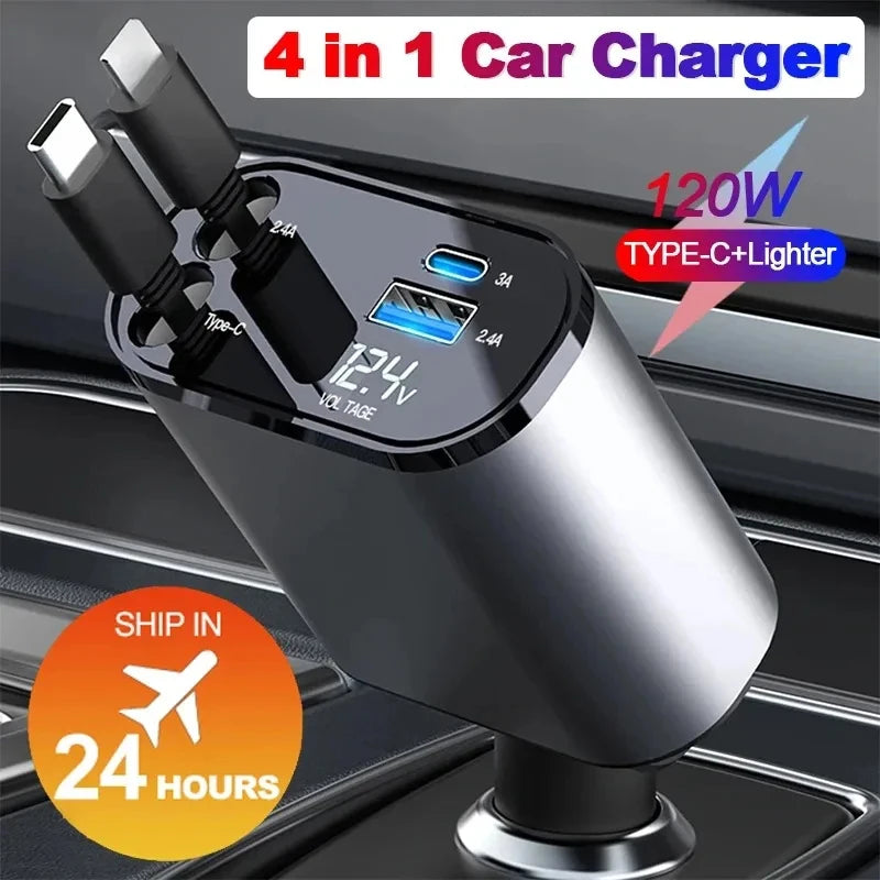 4-in-1 Retractable Fast Car Charger with 16 Ports and 120W USB Type-C Cable