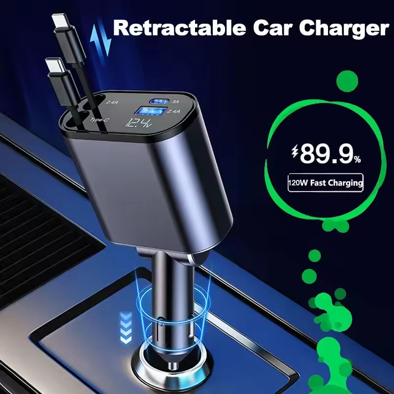 4-in-1 Retractable Fast Car Charger with 16 Ports and 120W USB Type-C Cable