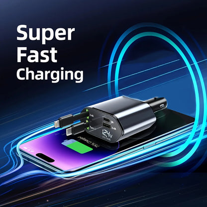 4-in-1 Retractable Fast Car Charger with 16 Ports and 120W USB Type-C Cable