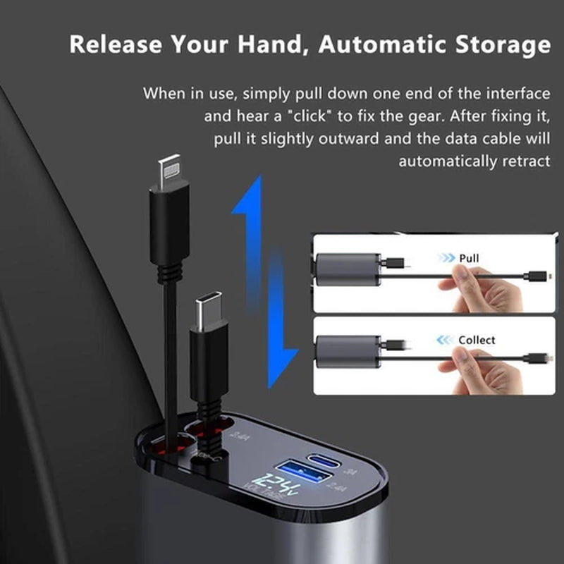 4-in-1 Retractable Fast Car Charger with 16 Ports and 120W USB Type-C Cable