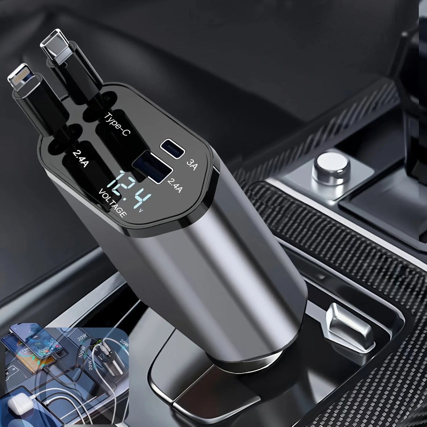 4-in-1 Retractable Fast Car Charger with 16 Ports and 120W USB Type-C Cable
