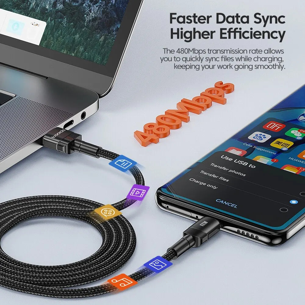 USB Type-C Fast Charging Cable for iPhone 15/14/13/12/11, Huawei P40/P30, Realme, Oppo, OnePlus, and Power Banks