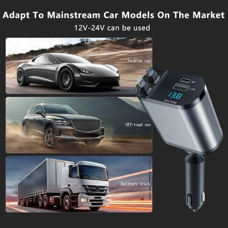 4-in-1 Retractable Fast Car Charger with 16 Ports and 120W USB Type-C Cable