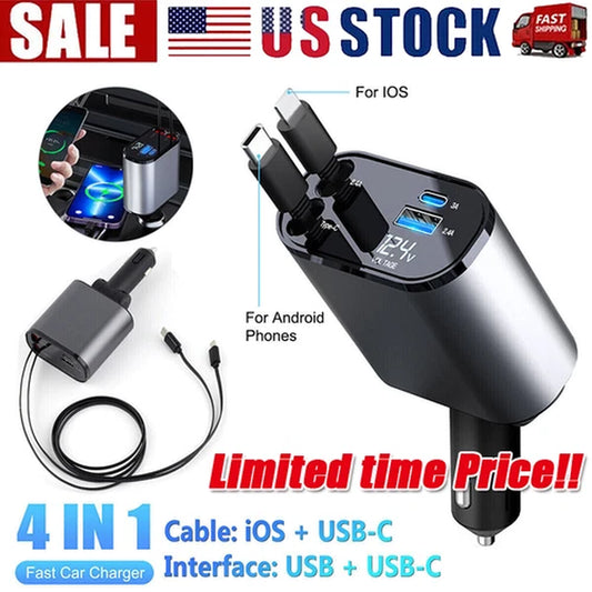 4-in-1 Retractable Fast Car Charger with 16 Ports and 120W USB Type-C Cable