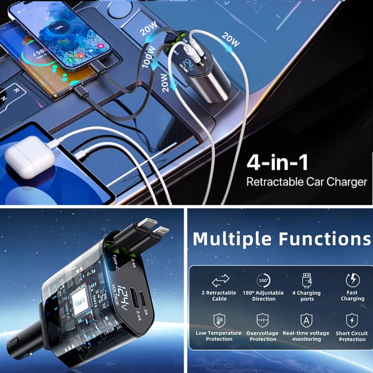 4-in-1 Retractable Fast Car Charger with 16 Ports and 120W USB Type-C Cable