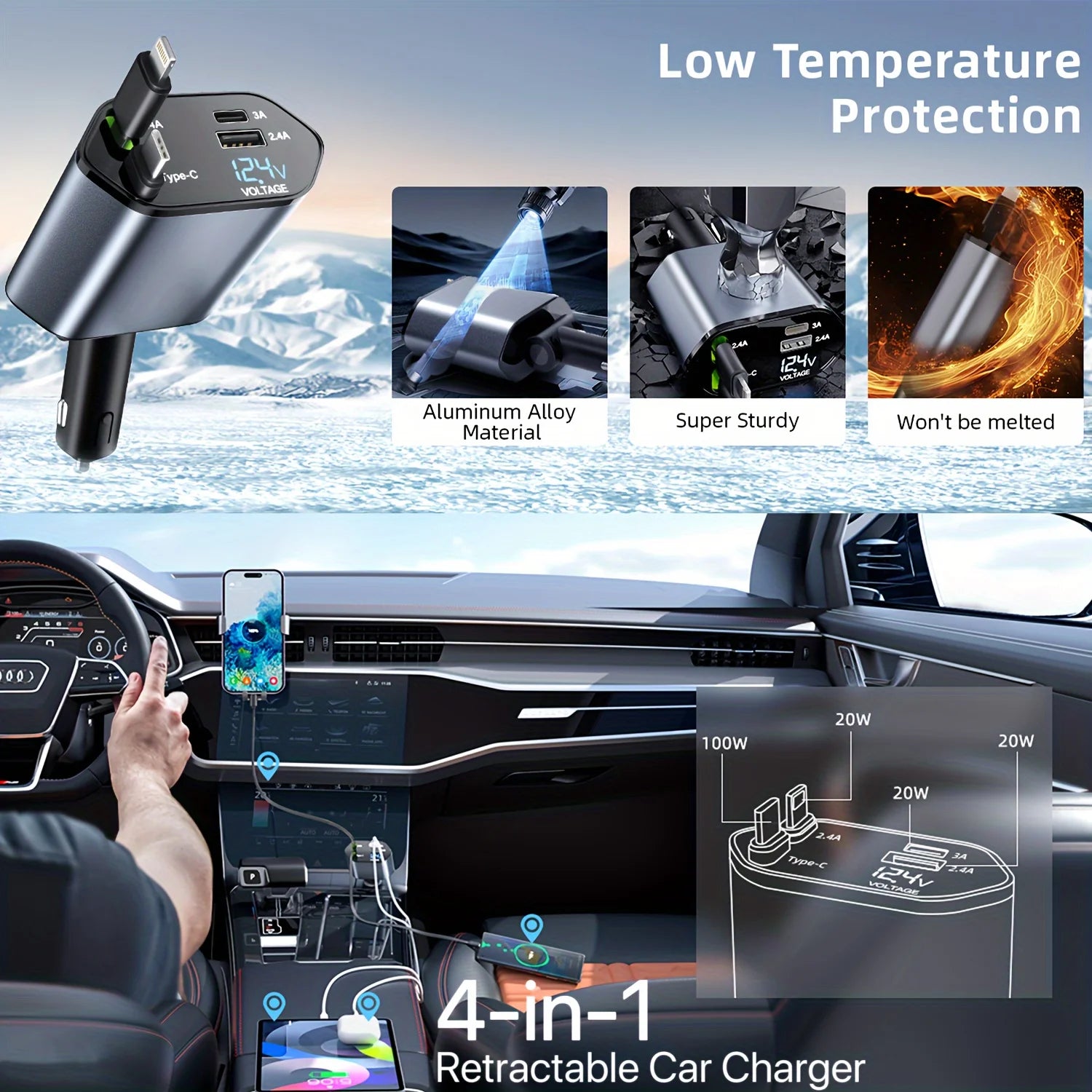 4-in-1 Retractable Fast Car Charger with 16 Ports and 120W USB Type-C Cable